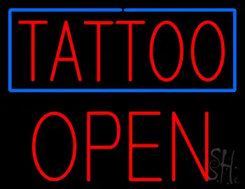 Red Tattoo Blue Border Block Open Neon Sign