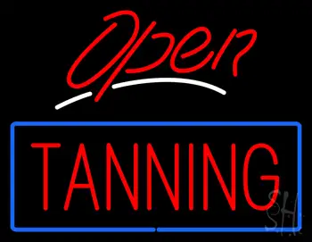 Red Open Tanning Blue Border Neon Sign