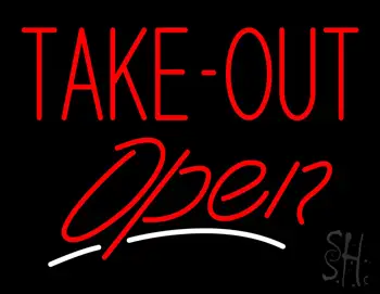 Red Take Out Open With White Line Neon Sign