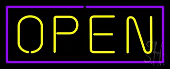 Open Purple Border Yellow Letters Neon Sign