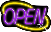 Deco Style Purple Open With Yellow Border Neon Sign
