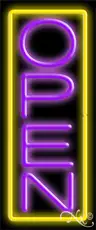 Purple Open With Yellow Border Vertical Neon Sign