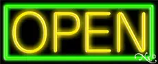 Yellow Open With Green Border Neon Sign