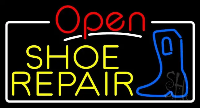 Yellow Shoe Repair Open White Border Neon Sign