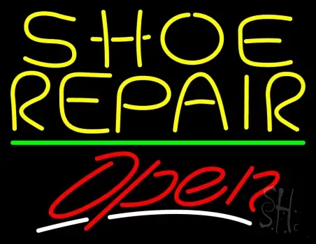 Yellow Shoe Repair Open With Green Line Neon Sign