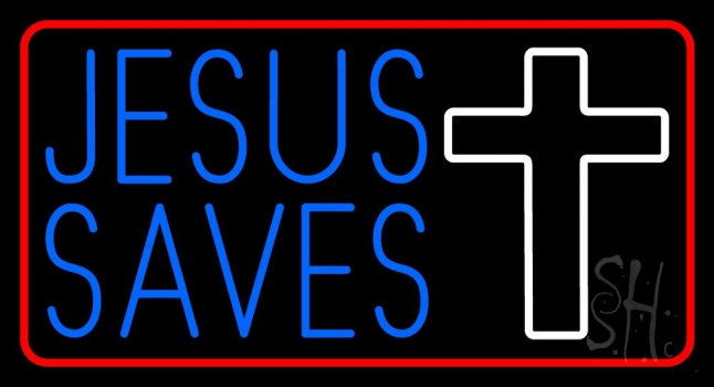 Blue Jesus Saves White Cross Neon Sign