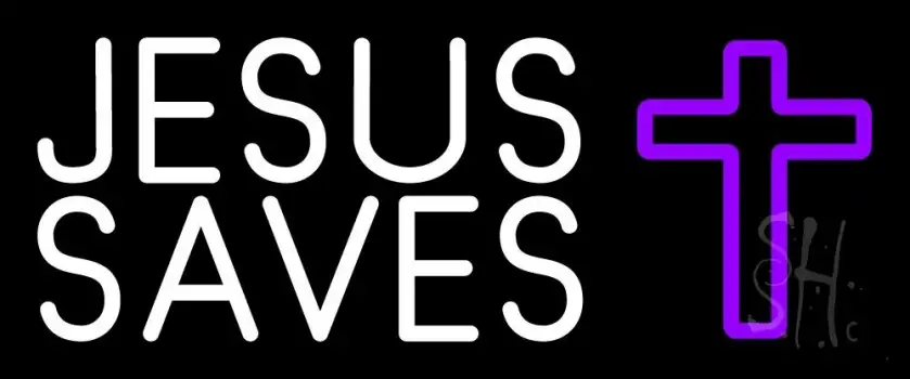 White Jesus Saves Purple Cross Neon Sign