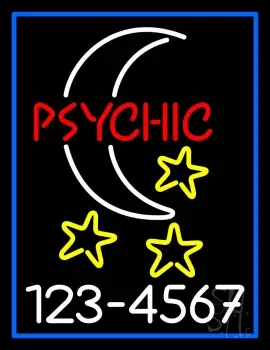 Red Psychic White Logo Phone Number Blue Border Neon Sign
