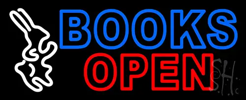 Blue Books With Rabbit Logo Open Neon Sign