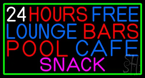 24 Hours Free Lounge Bars Pool Cafe Snack With Green Border Neon Sign