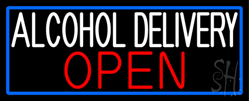 Alcohol Delivery Open With Blue Border Neon Sign