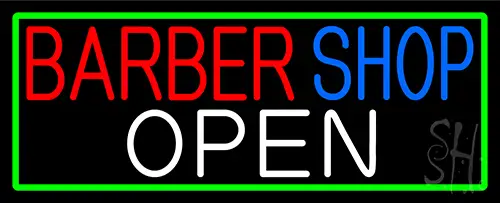 Barber Shop Open With Green Border Neon Sign