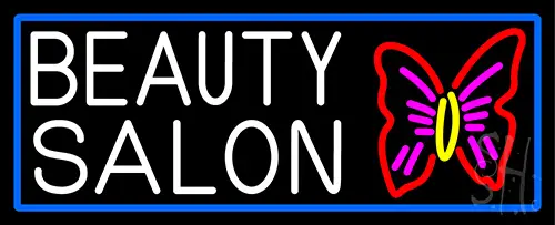 Beauty Salon With Butterfly Logo With Blue Border Neon Sign