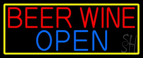 Beer Wine Open With Yellow Border Neon Sign