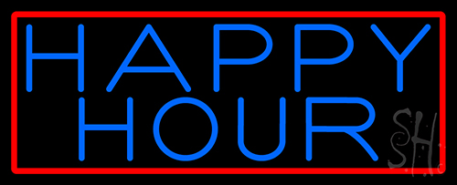 Blue Happy Hour With Red Border Neon Sign