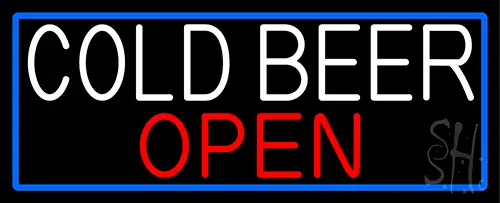 Cold Beer Open With Blue Border Neon Sign