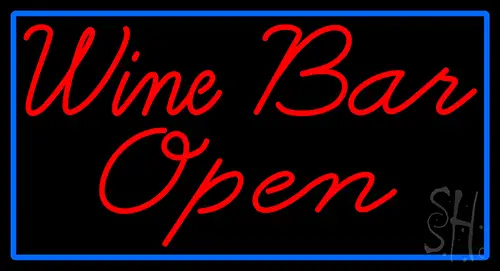 Cursive Red Wine Bar Open With Blue Border Neon Sign