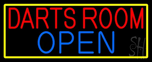 Darts Room Open With Yellow Border Neon Sign