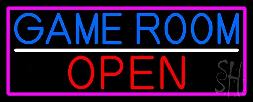 Game Room Open With Pink Border Neon Sign