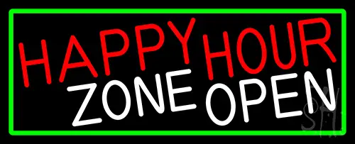 Happy Hour Zone Open With Green Border Neon Sign