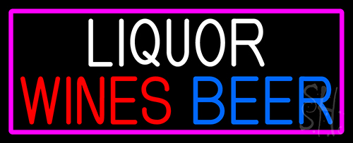 Liquors Wines Beer With Pink Border Neon Sign