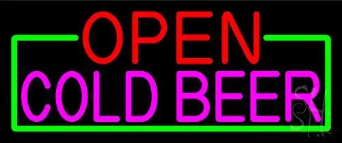 Open Cold Beer With Green Border Neon Sign