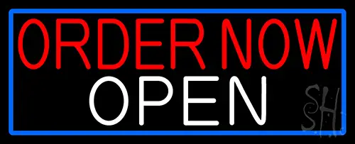 Order Now Open With Blue Border Neon Sign