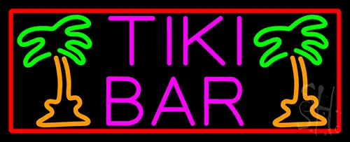 Pink Tiki Bar And Palm Tree With Red Border Neon Sign