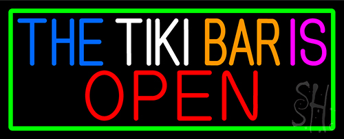 The Tiki Bar Is Open With Green Border Neon Sign