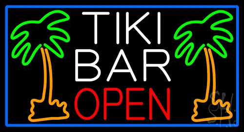 Tiki Bar And Palm Tree Open With Blue Border Neon Sign