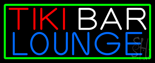 Tiki Bar Lounge With Green Border Neon Sign