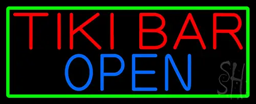 Tiki Bar Open With Green Border Neon Sign