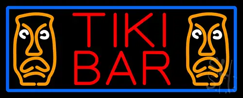Tiki Bar Sculpture With Blue Border Neon Sign
