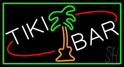White Tiki Bar And Palm Tree With Green Border Neon Sign