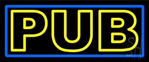 Yellow Pub With Blue Border Neon Sign