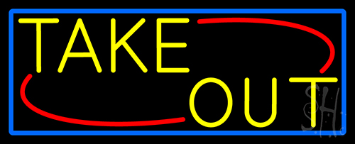 Yellow Take Out With Blue Border Neon Sign