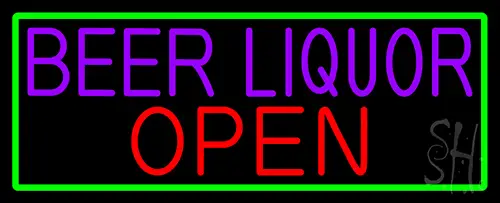 Beer Liquor Open With Green Border Neon Sign