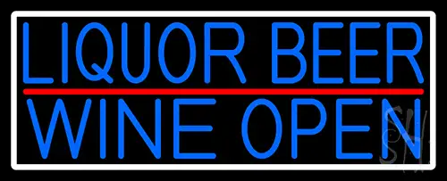 Blue Liquor Beer Wine Open With White Border Neon Sign