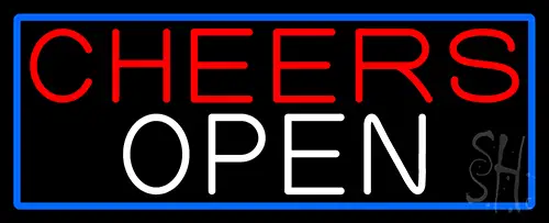 Cheers Open With Blue Border Neon Sign