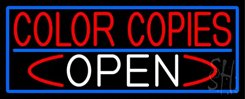 Color Copies Open With Blue Border Neon Sign
