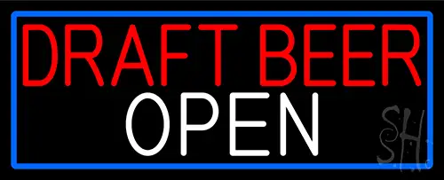 Draft Beer Open With Blue Border Neon Sign