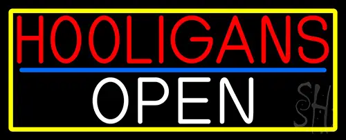 Hooligans Open With Yellow Border Neon Sign
