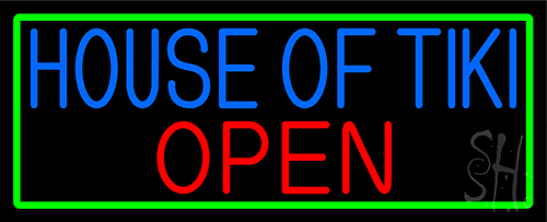 House Of Tiki Open With Green Border Neon Sign