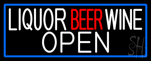 Liquor Beer Wine Open With Blue Border Neon Sign