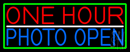 One Hour Photo Open With Green Border Neon Sign