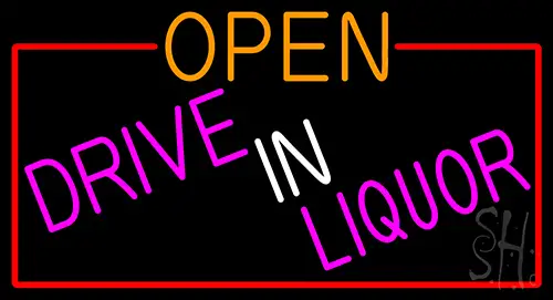 Open Drive In Liquor With Red Border Neon Sign
