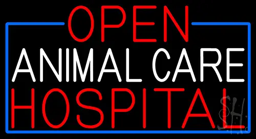 Open Animal Care Hospital With Blue Border Neon Sign