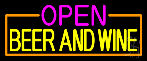 Open Beer And Wine With Orange Border Neon Sign