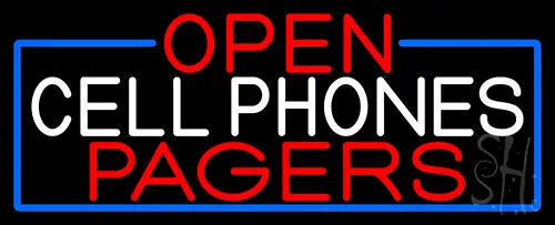 Open Cell Phones Pagers With Blue Border Neon Sign