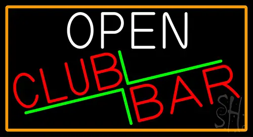 Open Club Bar With Orange Border Neon Sign